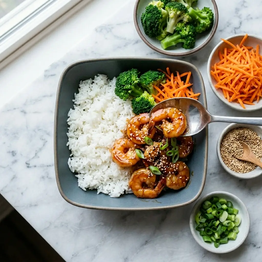 Teriyaki shrimp rice bowl being assembled with white rice, broccoli, carrots, sesame seeds, and green onions.
