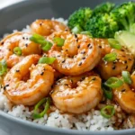 Teriyaki shrimp rice bowl with avocado, broccoli, sesame seeds, and green onions served over fluffy white rice.