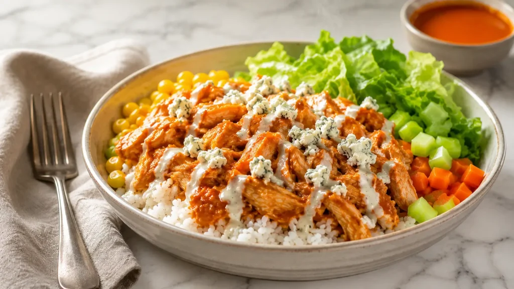 High protein Buffalo Chicken Bowl with rice, lettuce, celery, carrots, blue cheese, ranch drizzle, and spicy buffalo sauce.