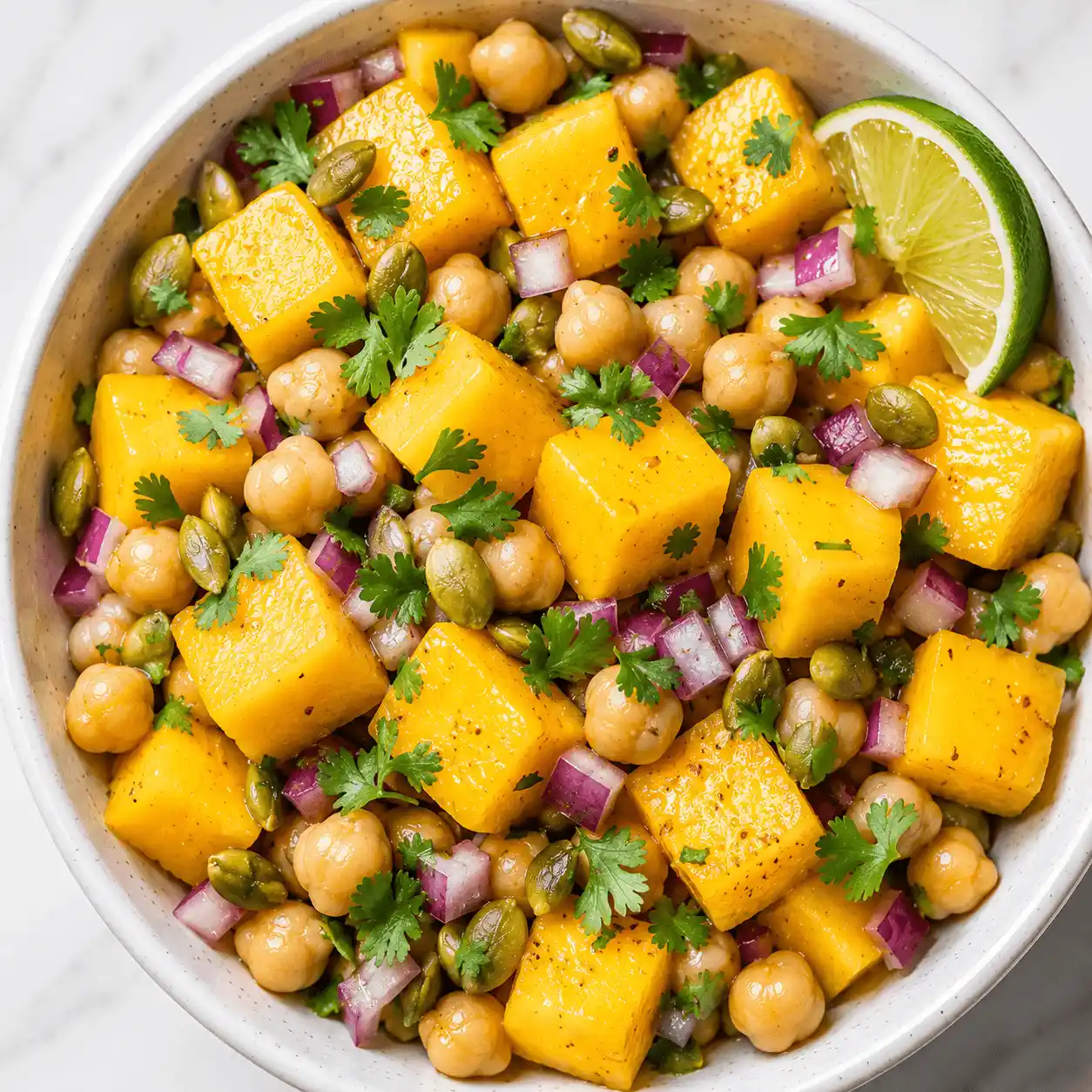Top-down recipe card image of mango chickpea salad with fresh mango, chickpeas, red onion, cilantro, pepitas, and lime in a white bowl.