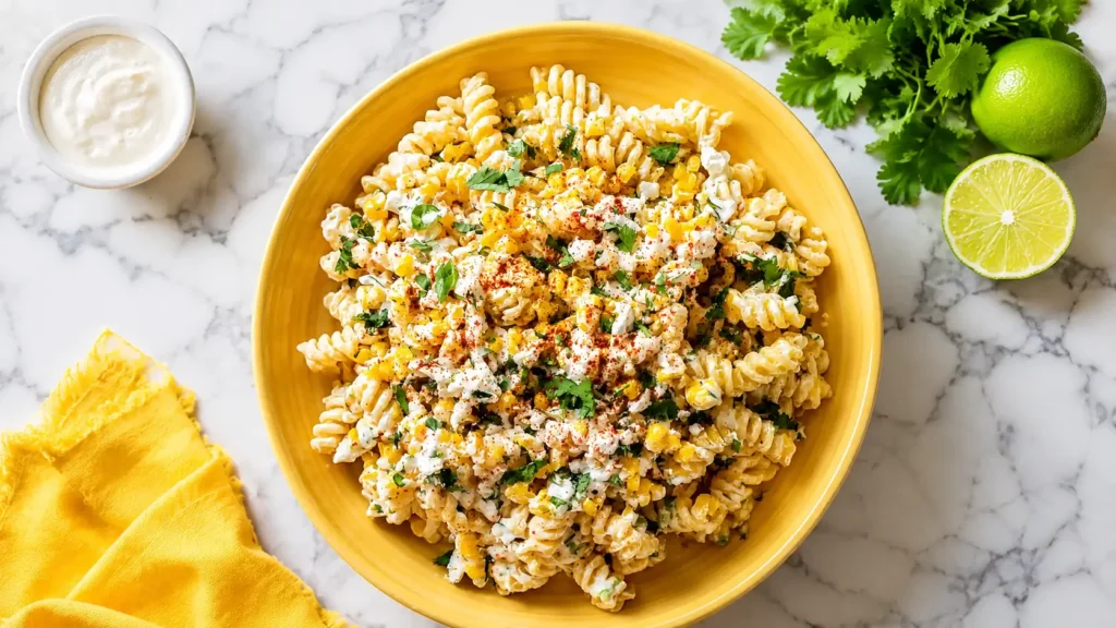 Overhead view of grilled corn elote pasta salad with rotini, charred corn, cotija cheese, cilantro, and Greek yogurt dressing.