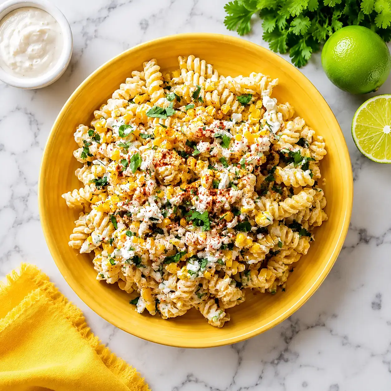 Top-down recipe card image of grilled corn elote pasta salad with rotini, charred corn, cotija cheese, cilantro, and lime.