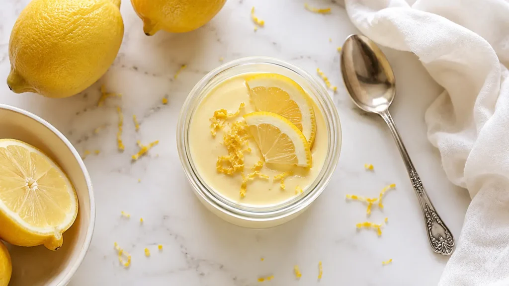 Creamy homemade lemon posset in a glass jar topped with fresh lemon slices and zest on a white marble surface with lemons.