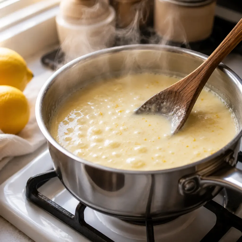 Boiling heavy cream and sugar in a saucepan for homemade lemon posset recipe