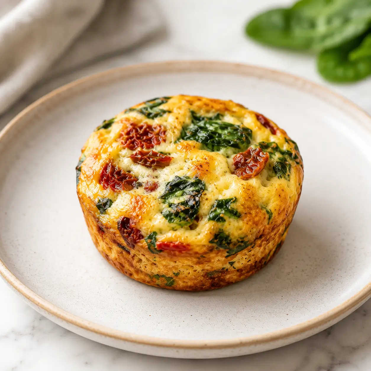 Golden keto egg biscuit with spinach, sun-dried tomatoes, and melted cheese served on a plate for a low-carb breakfast.