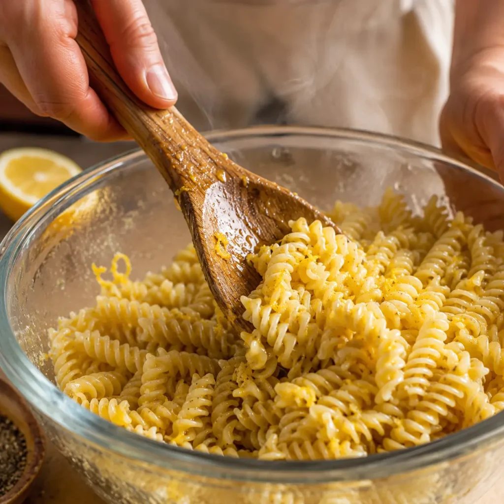 Mixing hot fusilli pasta with fresh lemon dressing in a glass bowl before adding arugula for lemon arugula pasta salad.