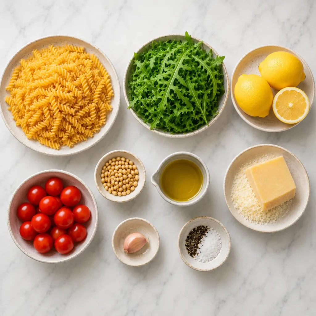 Ingredients for lemon arugula pasta salad including fusilli, arugula, lemons, cherry tomatoes, parmesan, olive oil, garlic, salt, and pepper.