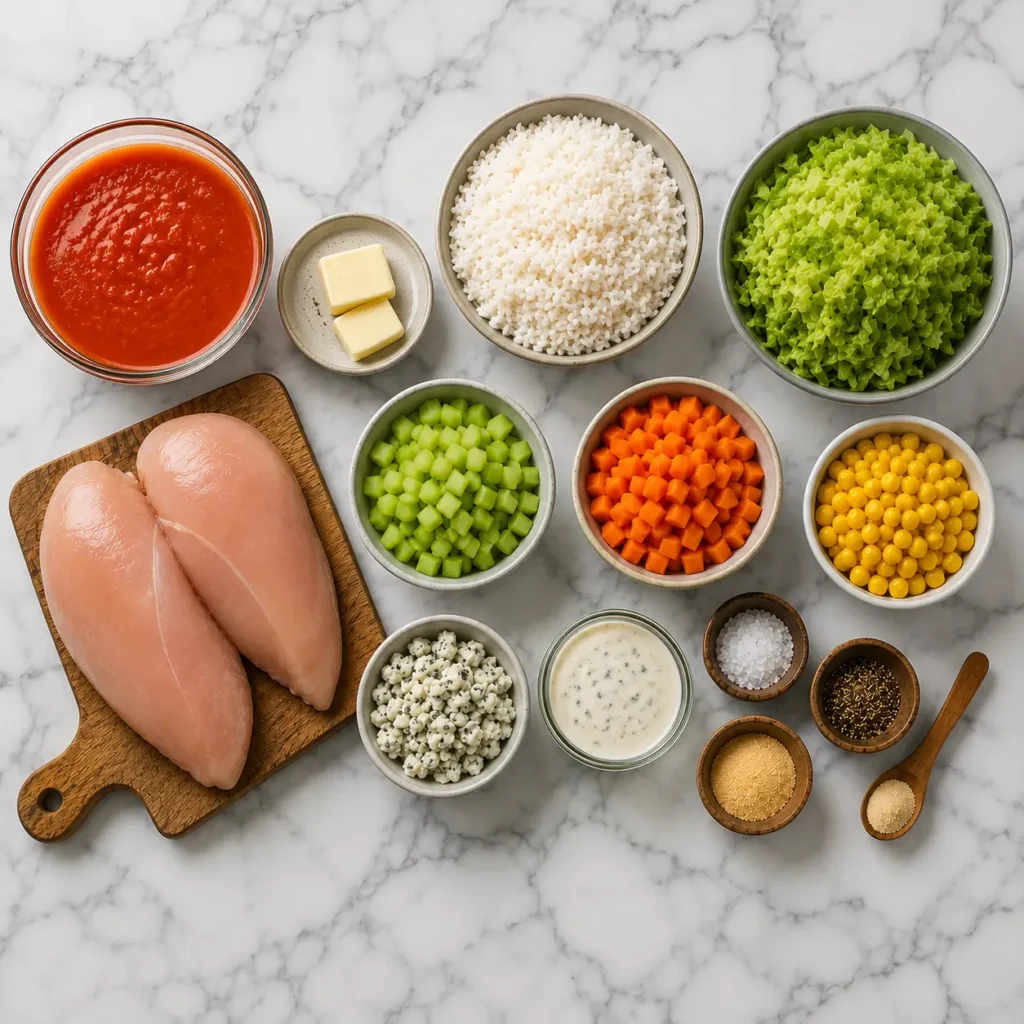 Fresh ingredients for a High Protein Buffalo Chicken Bowl including chicken, rice, lettuce, celery, carrots, corn, blue cheese, and buffalo sauce.