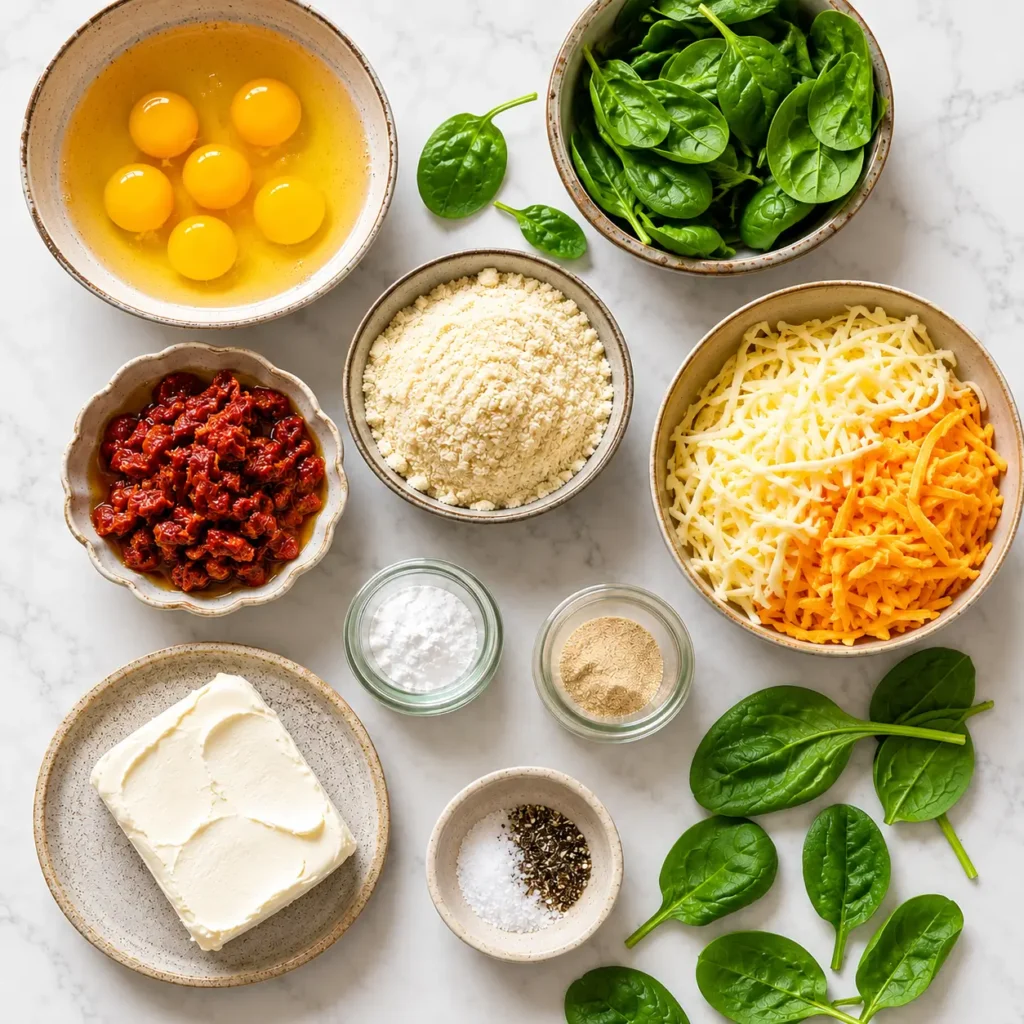 Ingredients for keto egg biscuits including eggs, spinach, cheese, cream cheese, almond flour, and sun-dried tomatoes.