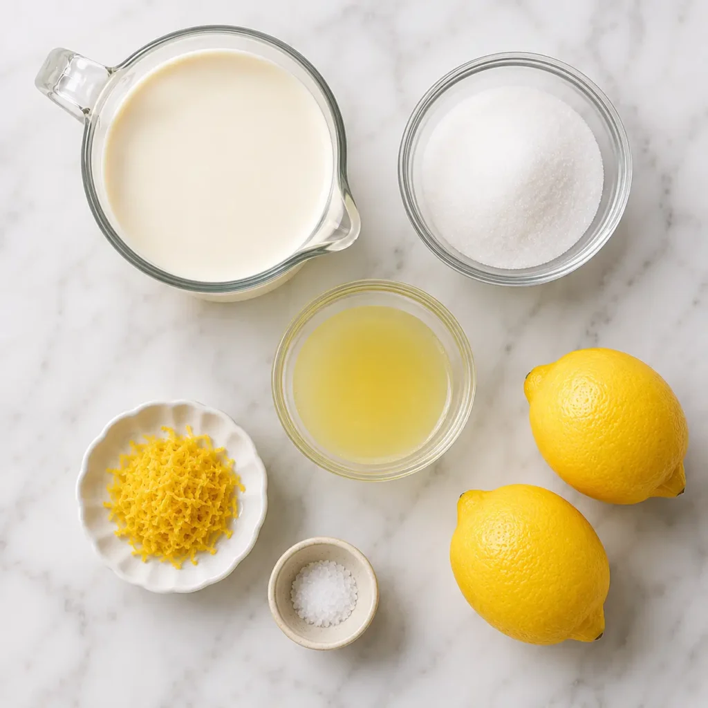 Heavy cream, sugar, fresh lemon juice, lemon zest, whole lemons, and salt arranged for a classic lemon posset recipe.