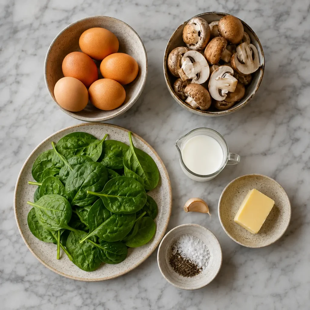 Fresh ingredients for scrambled eggs with spinach and mushrooms, including eggs, butter, milk, garlic, salt, and pepper.