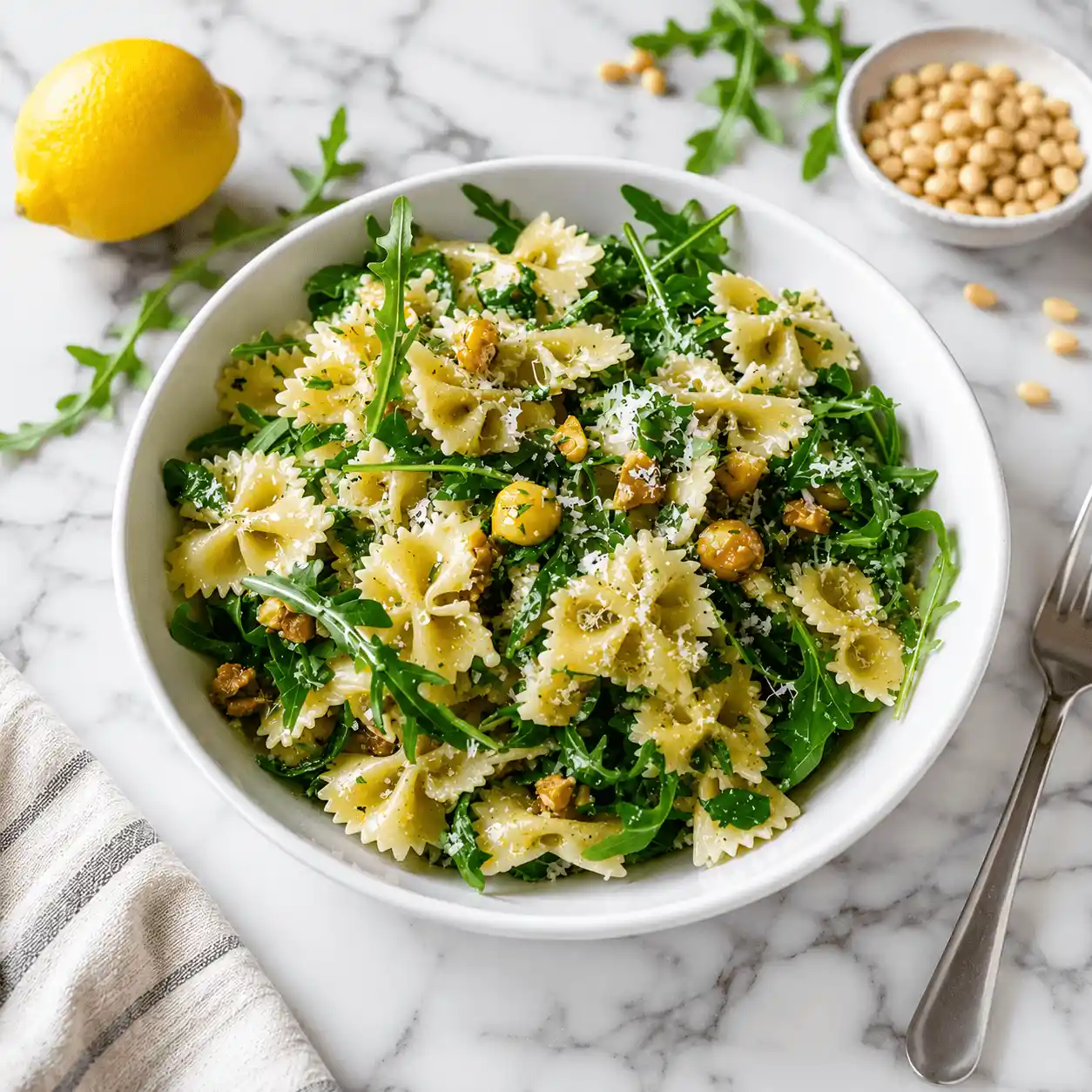 Individual serving of lemon arugula pasta salad with bowtie pasta, parmesan, walnuts, and fresh arugula in a white bowl.