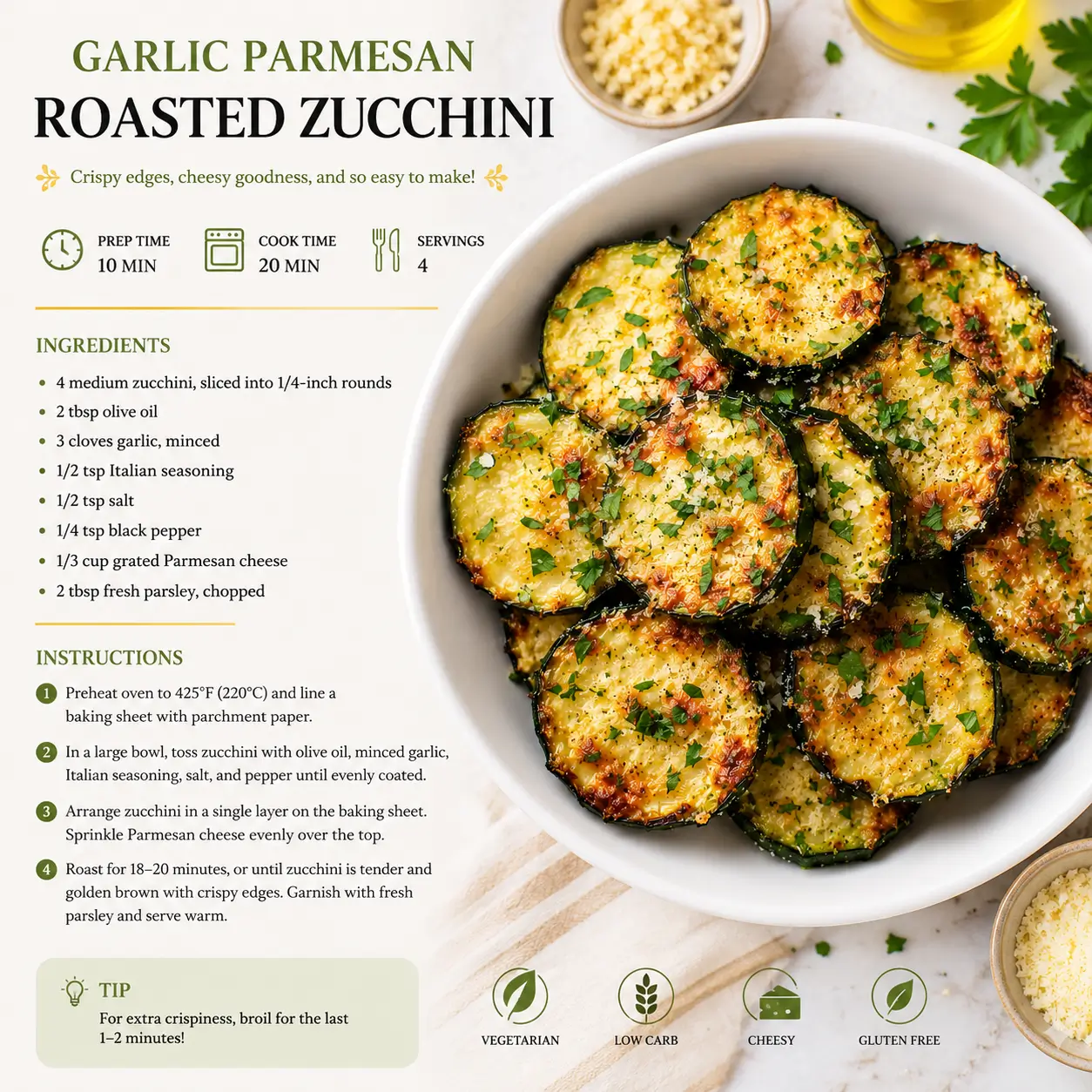 Garlic Parmesan roasted zucchini recipe card with ingredients, step-by-step instructions, cooking time, and serving information.