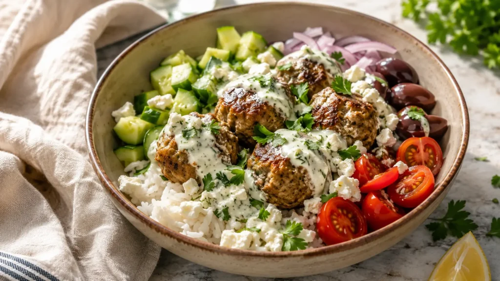 Healthy Greek Turkey Meatball Bowl with Rice