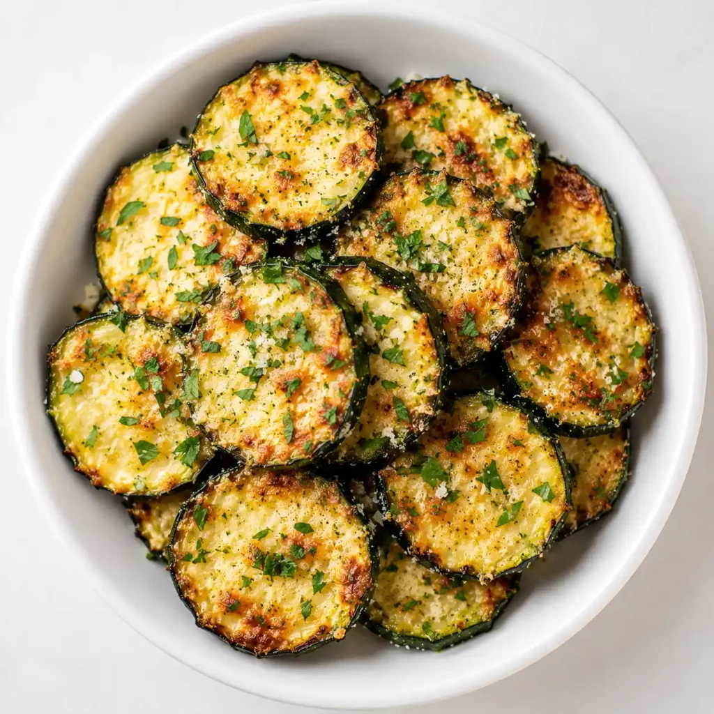 Garlic Parmesan roasted zucchini served in a white ceramic bowl with crispy golden edges, melted cheese, and fresh parsley.