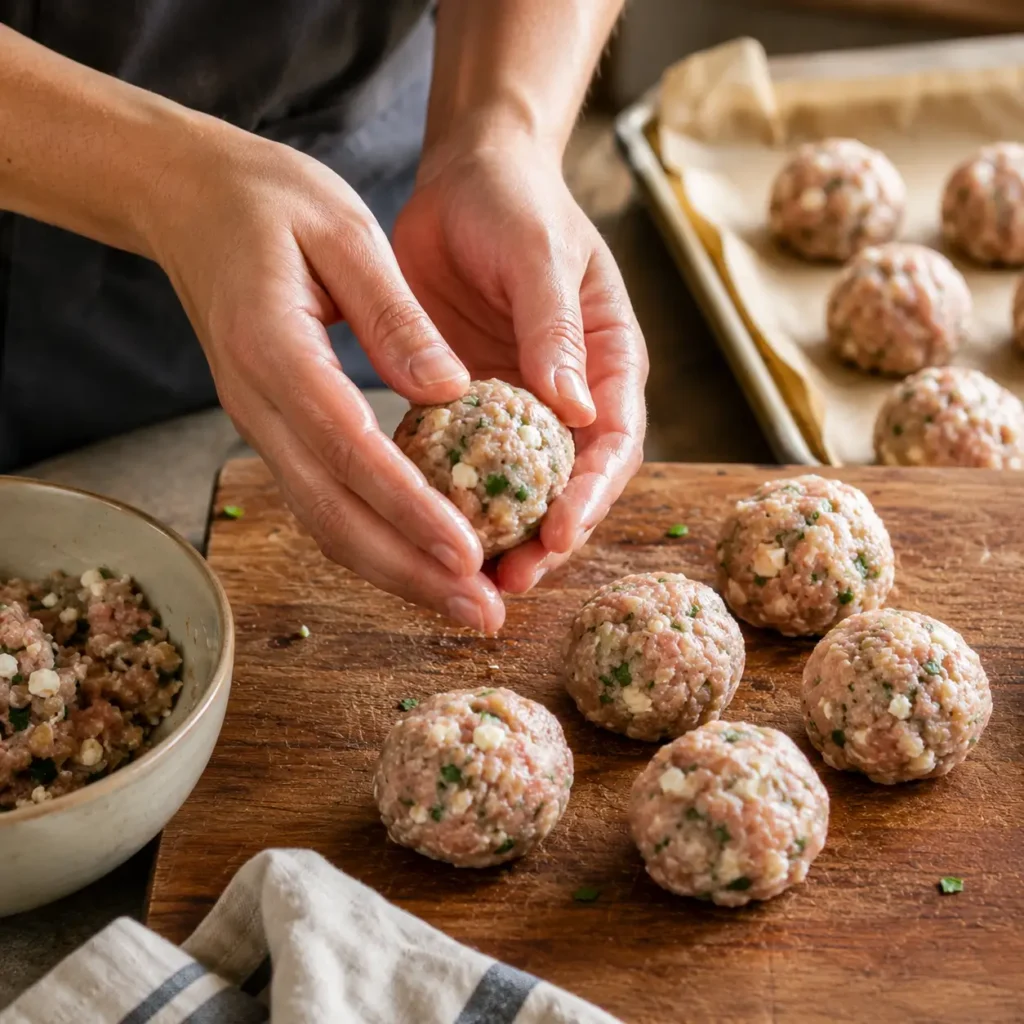 Hands rolling raw Greek turkey meatballs with feta and herbs on a wooden board before cooking for healthy meal bowls.