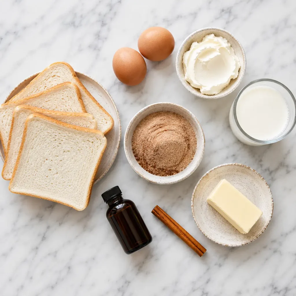 Flat lay of cinnamon sugar French toast roll-ups ingredients including bread, eggs, cream cheese, milk, butter, vanilla, and cinnamon.
