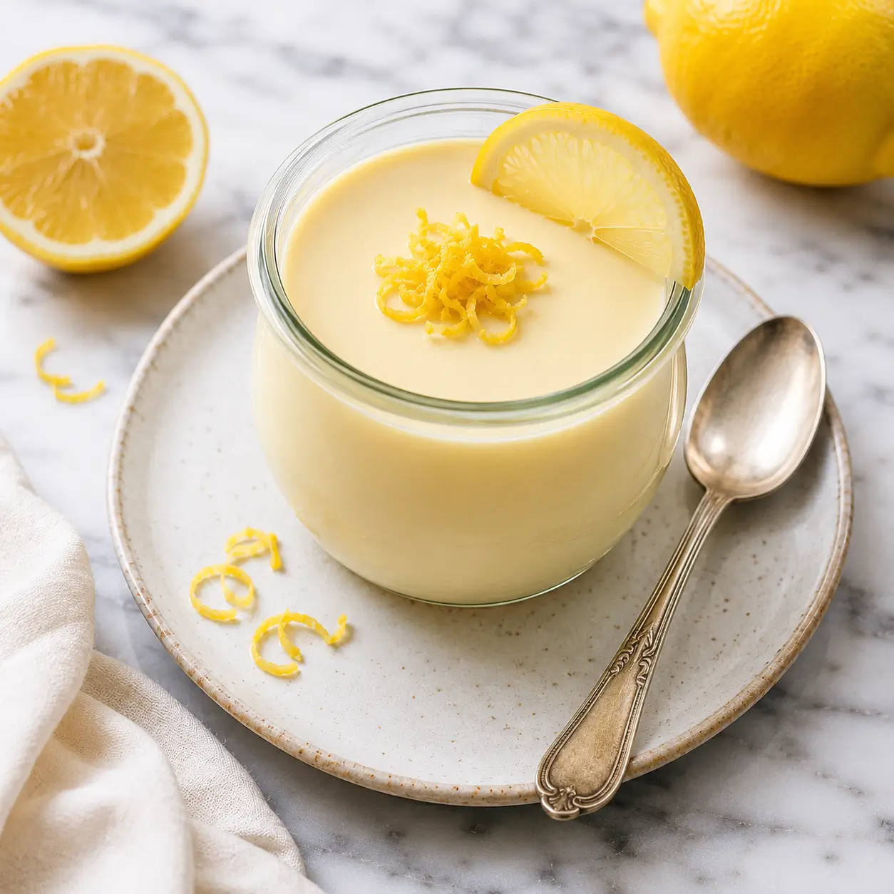 Creamy lemon posset in a glass jar with silver spoon on white background