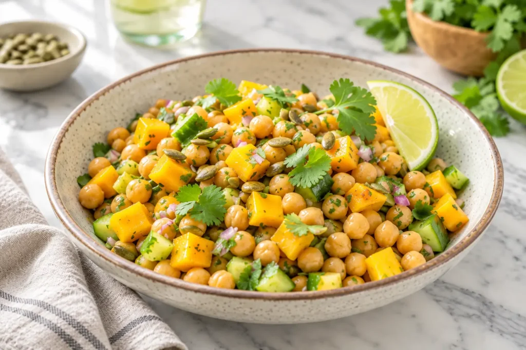 Fresh mango chickpea salad with cucumber, red onion, cilantro, pepitas, and lime served in a ceramic bowl on a marble table.