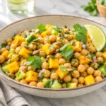 Fresh mango chickpea salad with cucumber, red onion, cilantro, pepitas, and lime served in a ceramic bowl on a marble table.