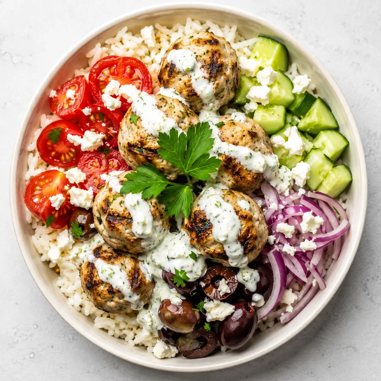 Greek turkey meatball bowl with rice, cucumber, tomatoes, feta, olives, and creamy yogurt sauce in a top-down view.