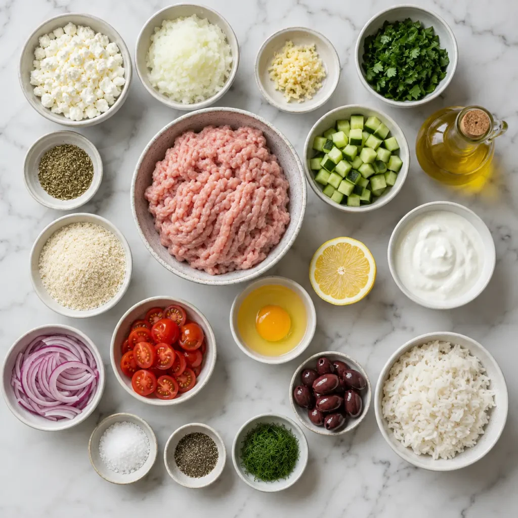 Overhead flat lay of raw ingredients for Greek turkey meatballs including ground turkey, feta, herbs, yogurt, lemon, and egg.