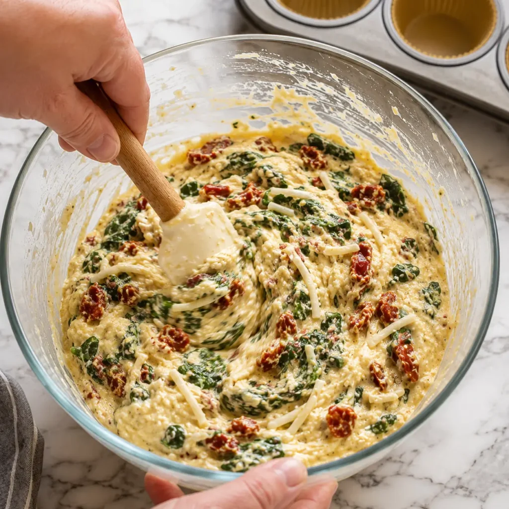 Mix keto egg biscuit batter with spinach, sun-dried tomatoes, and cheese in a bowl until evenly combined before baking.
