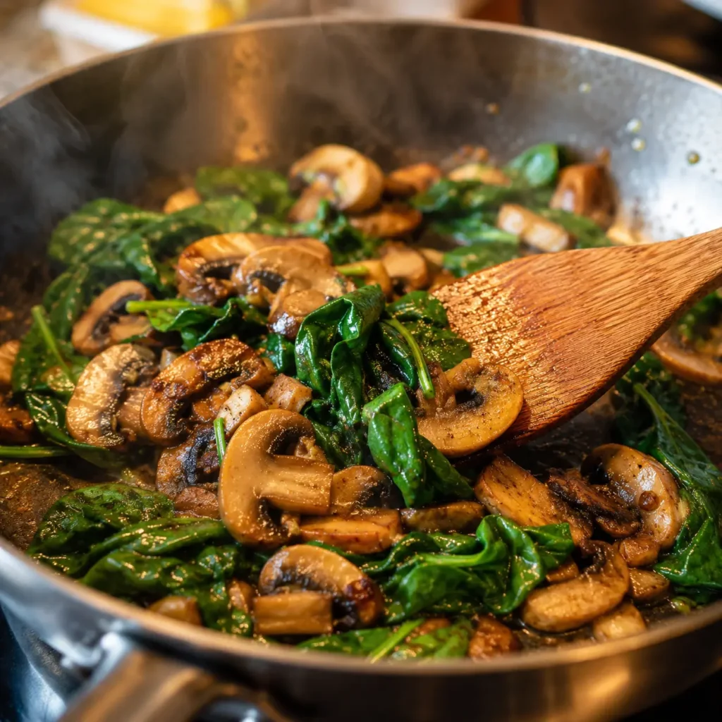 Sautéing mushrooms and spinach in butter in a skillet until golden and tender for creamy scrambled eggs.
