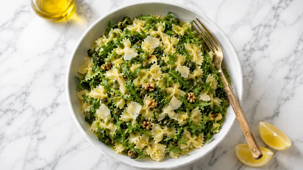Lemon arugula pasta salad with bowtie pasta, parmesan, walnuts, capers, and fresh lemon in a white serving bowl.