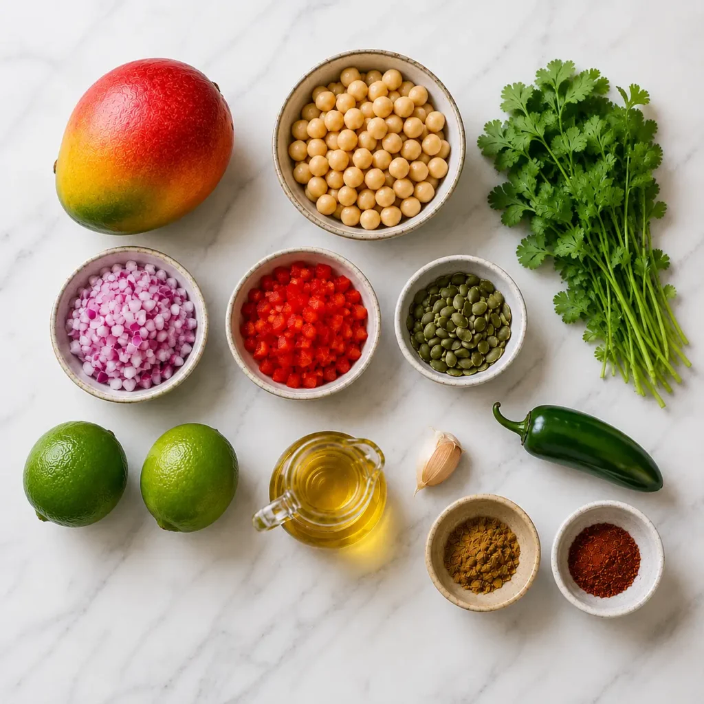 Fresh mango, chickpeas, cilantro, red onion, red bell pepper, jalapeño, pepitas, limes, olive oil, garlic, cumin, and chili powder arranged on a marble surface for mango chickpea salad.