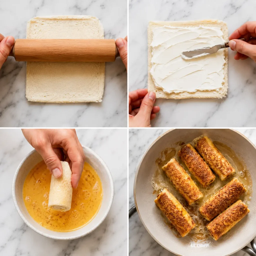 Step-by-step collage showing bread rolled flat, spread with cream cheese, dipped in egg, and pan-fried until golden brown.