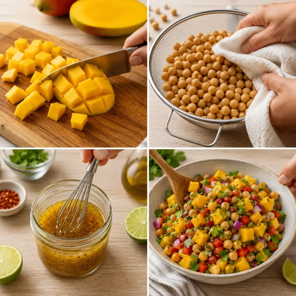 Step-by-step collage showing diced mango, dried chickpeas, whisked lime dressing, and mango chickpea salad being mixed in a bowl.