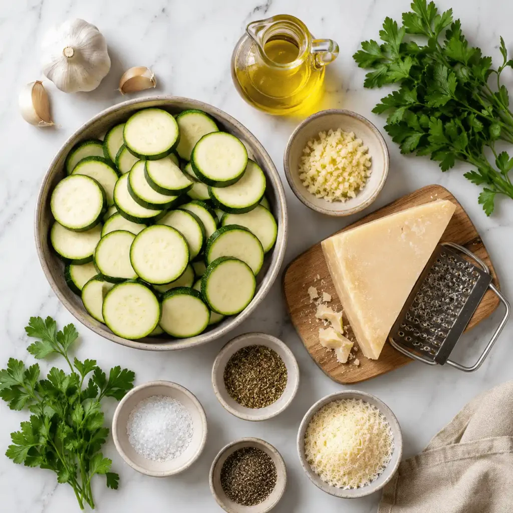 Ingredients for garlic Parmesan roasted zucchini including sliced zucchini, Parmesan cheese, garlic, olive oil, parsley, and seasonings.
