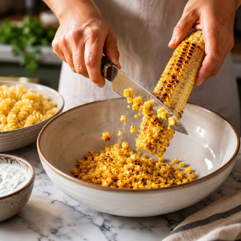 Hands slicing charred grilled corn kernels into a bowl for grilled corn elote pasta salad with cooked rotini and Greek yogurt.