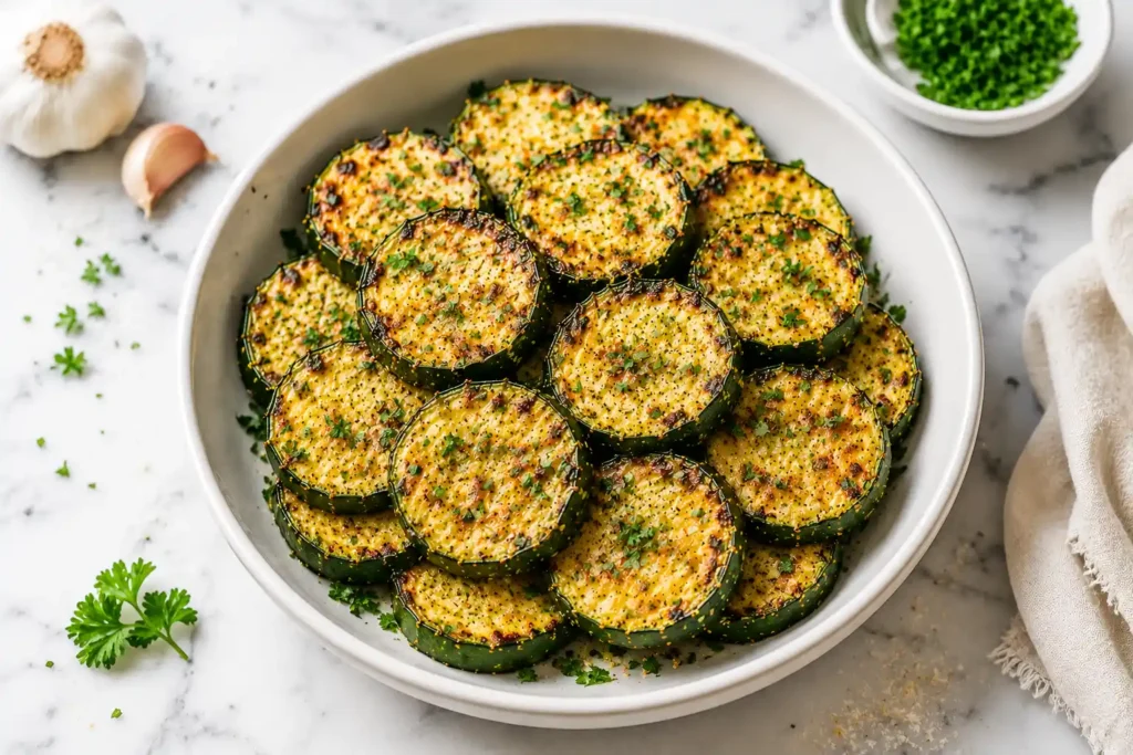 Garlic Parmesan roasted zucchini in a white ceramic bowl on a marble countertop, topped with fresh parsley and crispy cheese.