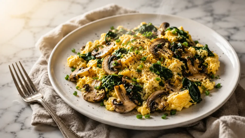 Creamy scrambled eggs with sautéed mushrooms and spinach on a white plate, perfect for a healthy high-protein breakfast.