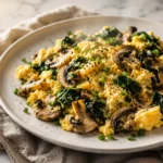 Creamy scrambled eggs with sautéed mushrooms and spinach on a white plate, perfect for a healthy high-protein breakfast.
