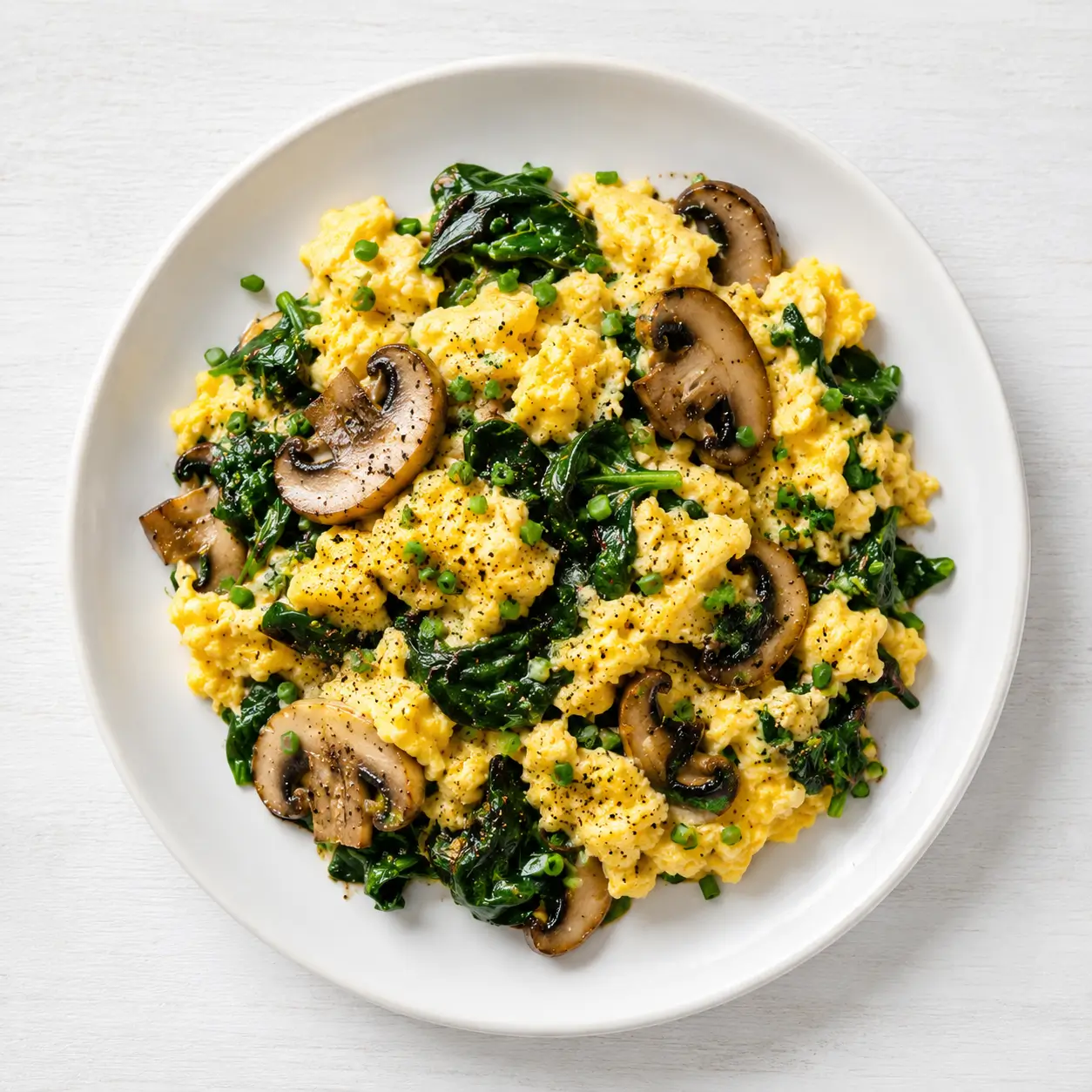Creamy scrambled eggs folded with sautéed mushrooms and spinach, ready to serve for a healthy high-protein breakfast.
