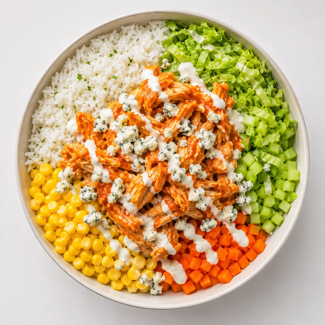High Protein Buffalo Chicken Bowl recipe with rice, buffalo chicken, lettuce, celery, carrots, corn, blue cheese, and ranch.