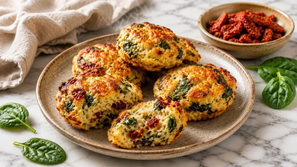 Keto egg biscuits with spinach, sun-dried tomatoes, and cheese served on a plate for a healthy low-carb breakfast recipe.