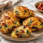 Keto egg biscuits with spinach, sun-dried tomatoes, and cheese served on a plate for a healthy low-carb breakfast recipe.