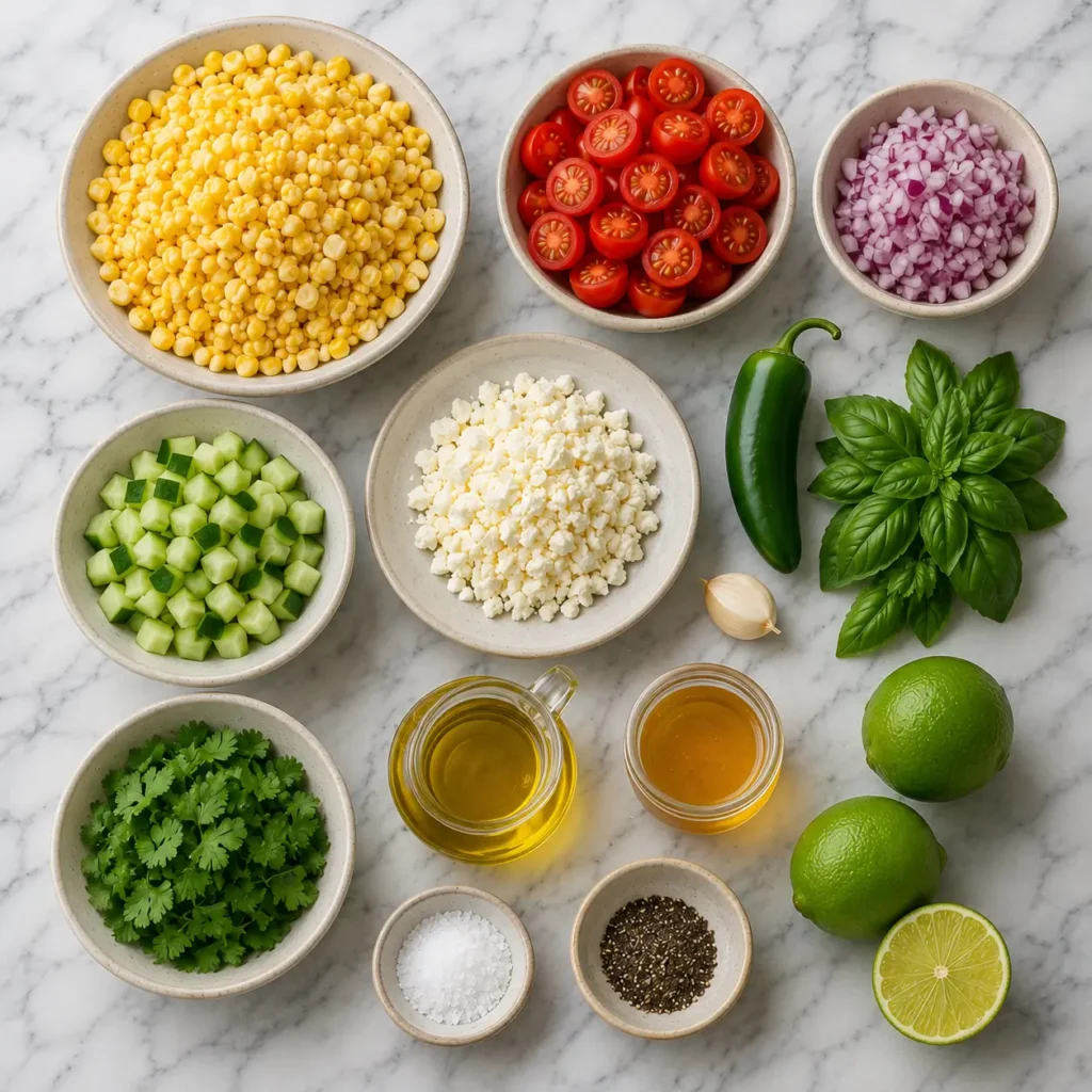 Fresh summer corn salad ingredients including sweet corn, cucumber, cherry tomatoes, feta, basil, cilantro, jalapeño, garlic, lime, olive oil, honey, salt, and pepper on a marble surface.