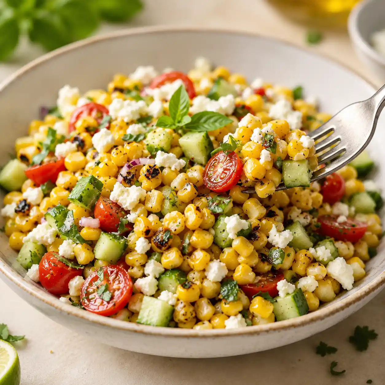 Fork lifting a bite of summer corn salad with charred sweet corn, feta cheese, cucumber, cherry tomatoes, basil, and lime dressing.