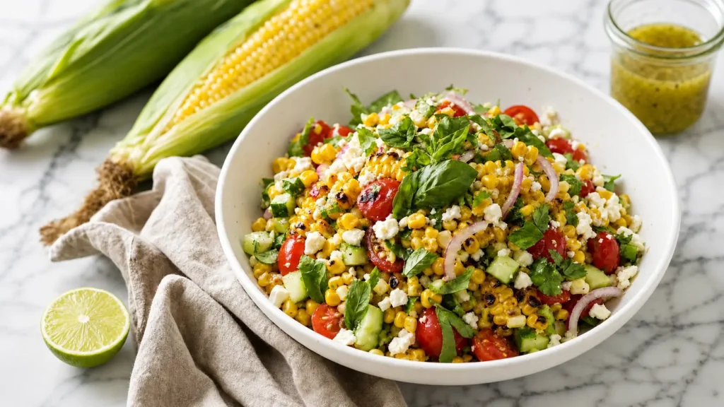 Fresh summer corn salad with grilled corn, feta cheese, cherry tomatoes, cucumber, basil, and lime dressing served in a white bowl on a marble table.