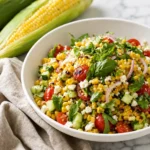Fresh summer corn salad with grilled corn, feta cheese, cherry tomatoes, cucumber, basil, and lime dressing served in a white bowl on a marble table.