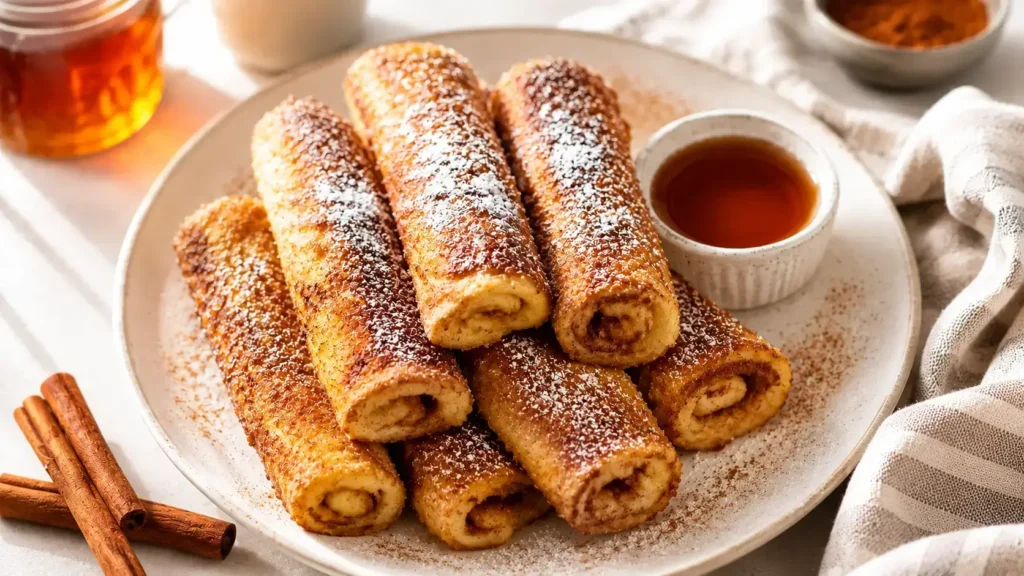 Golden cinnamon sugar French toast roll-ups dusted with powdered sugar and served with warm maple syrup on a white plate.