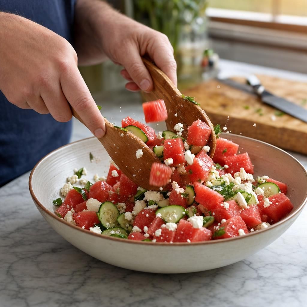 Hands tossing watermelon feta cucumber salad in a bowl during preparation on a marble counter