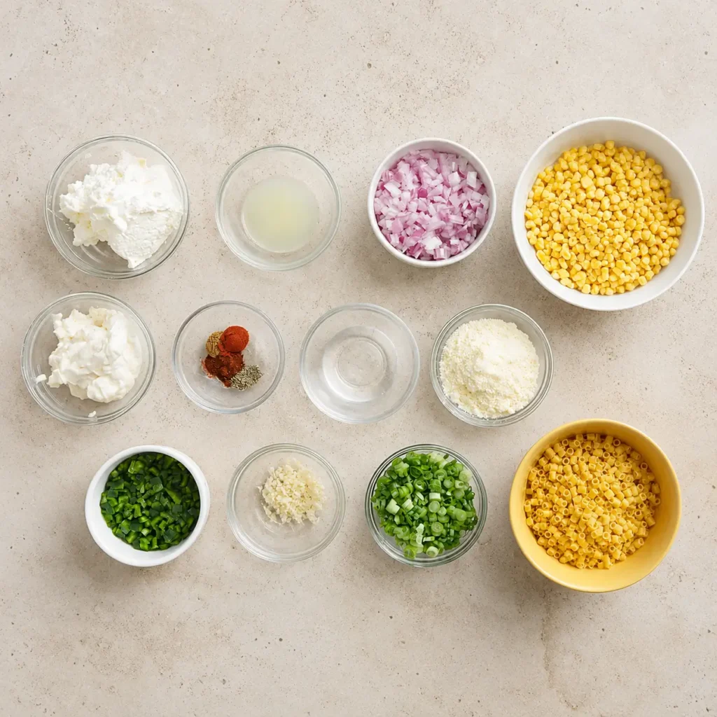 Flat lay of grilled corn elote pasta salad ingredients including rotini, corn, Greek yogurt, cotija, jalapeño, garlic, and lime.