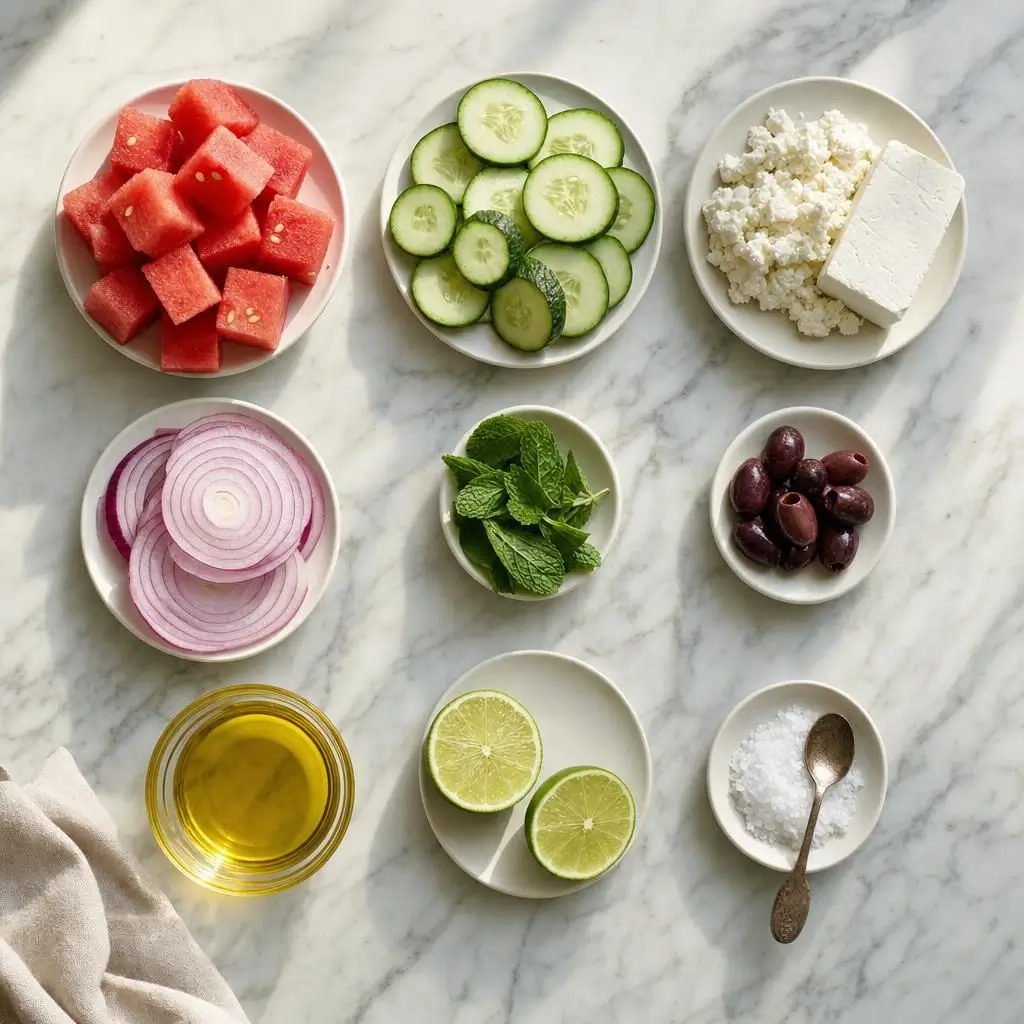  Fresh ingredients for watermelon feta cucumber salad: watermelon, cucumber, feta, mint, and lime on marble