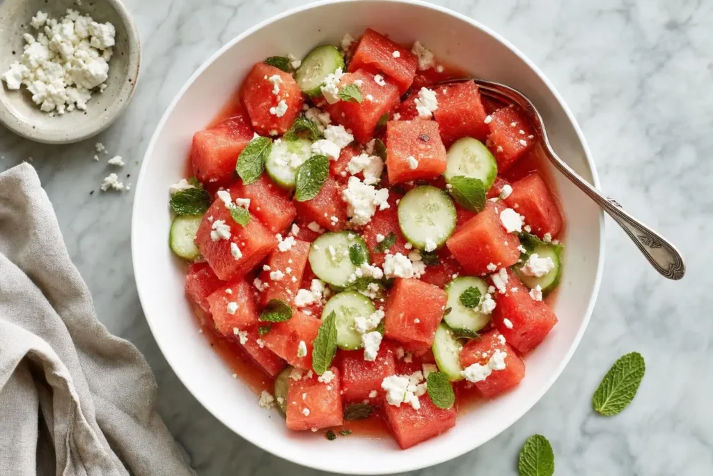 Watermelon feta cucumber salad in a white bowl on marble, garnished with fresh mint leaves